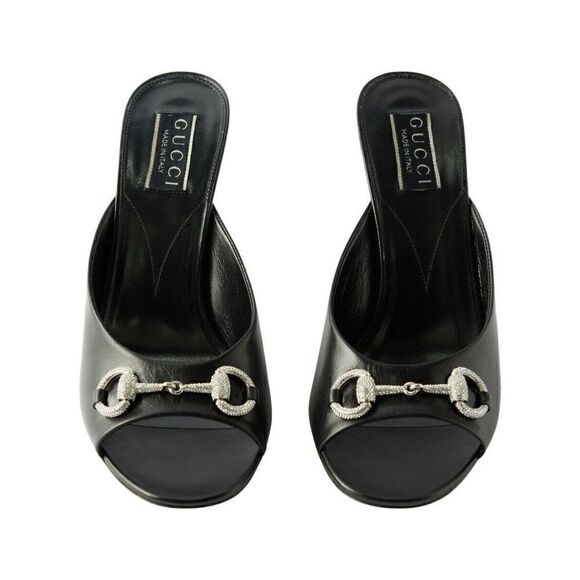Gucci Women's Crystal Embellished Horsebit 85 Leather Mule Heels Black 37 - Picture 7 of 10